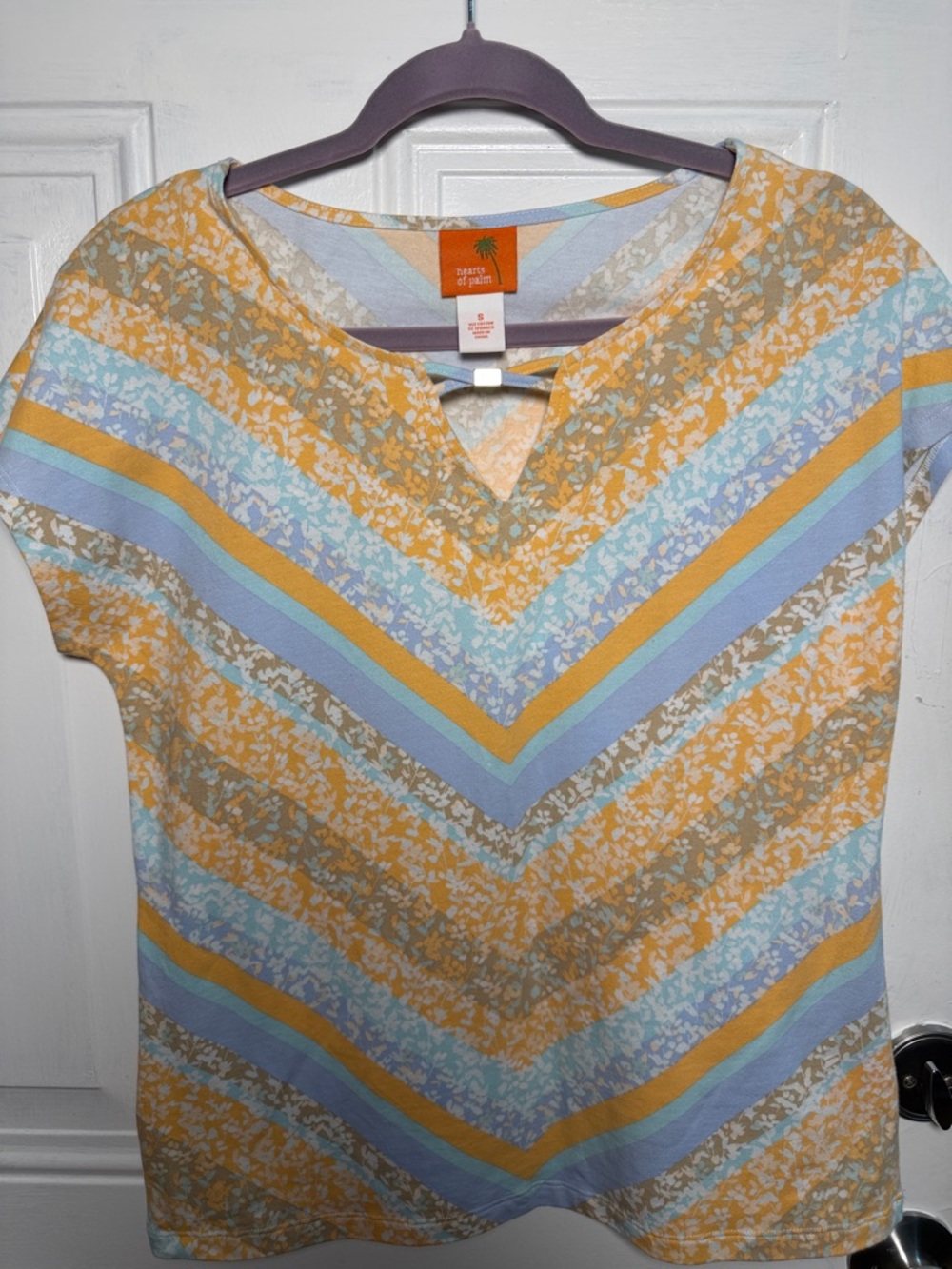 Lands' End Yellow Blue Cream Striped V-Neck Short Sleeve Top